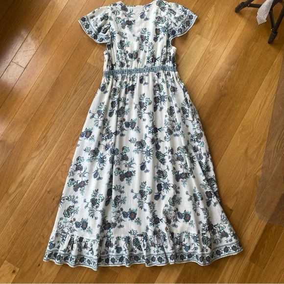 Max Studio London Floral Maxi Dress Blue White V-Neck Flutter Sleeve Large - Picture 2 of 7